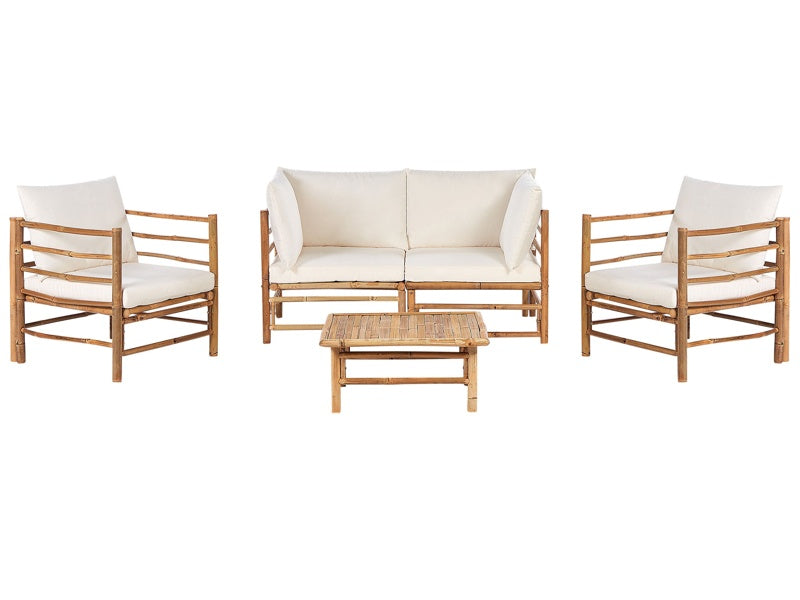 Garden Modular Sofa Set Off-White Bamboo Cushions 2 Seater Sofa 2 Armchairs with Coffee Table Boho Design Outdoor Conversation Set Beliani