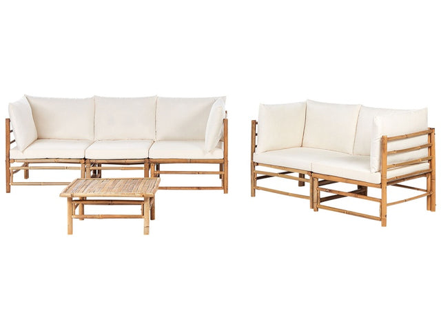 Garden Modular Sofa Set Off-White Bamboo Cushions 3 Seater 2 Seater with Coffee Table Boho Design Outdoor Conversation Set Beliani