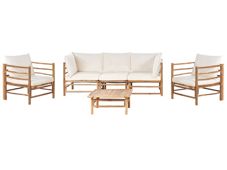 Garden Modular Sofa Set Off-White Bamboo Cushions 3 Seater Sofa 2 Armchairs with Coffee Table Boho Design Outdoor Conversation Set Beliani