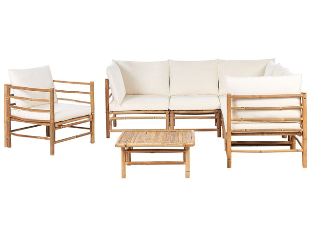 Garden Modular Corner Sofa Set Off-White Bamboo Cushions 5 Seater with Armchair and Coffee Table Boho Design Outdoor Conversation Set Beliani