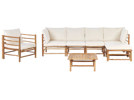 Garden Modular Corner Sofa Set Off-White Bamboo Cushions 5 Seater with Armchair and Coffee Table Boho Design Outdoor Conversation Set Beliani