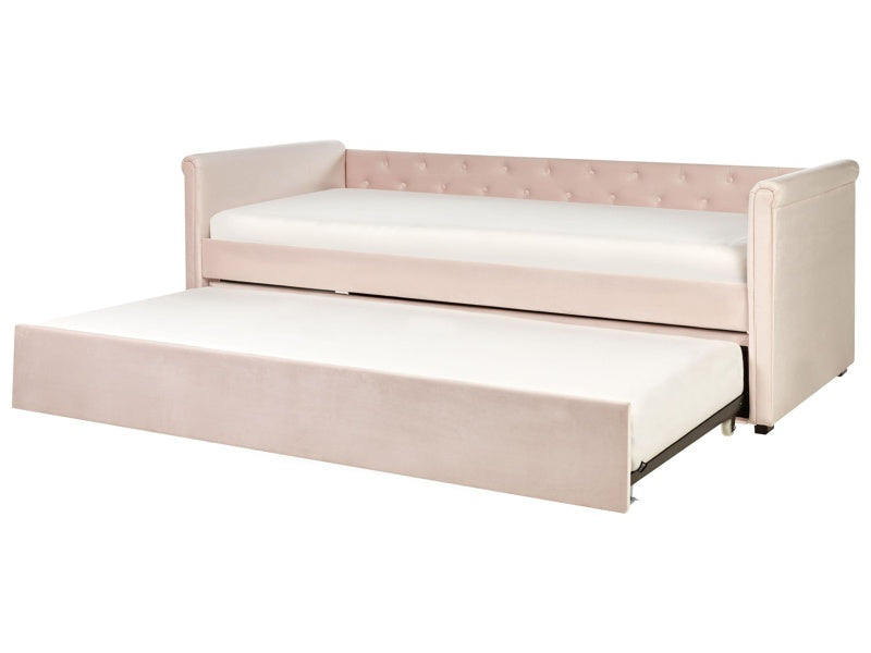 Trundle Bed Pastel Pink Velvet Upholstery EU Single Size 90 x 200 cm Guest Underbed Buttoned Beliani