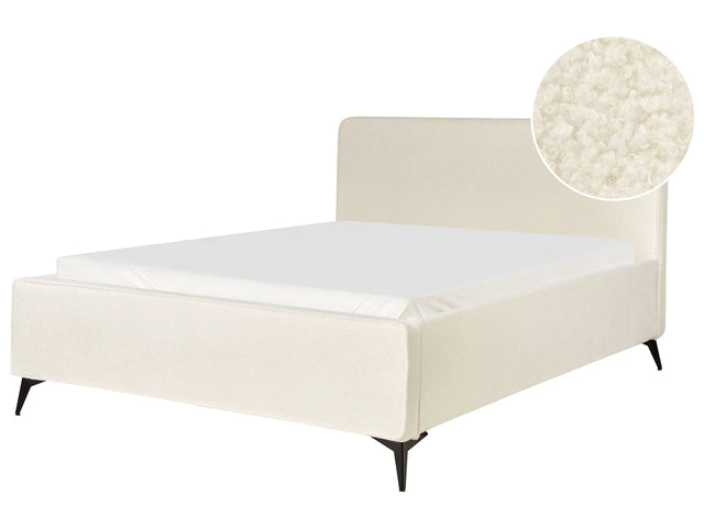 Bed Frame Off-White Corduroy Upholstery Black Metal Legs EU King Size 5ft3 Slatted with Wingback Headboard Bedroom Modern Minimalist Beliani