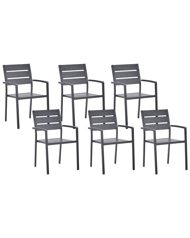 Set of 6 Dining Garden Chairs Black Plastic Wood Slatted Back Aluminium Frame Outdoor Chairs Set Beliani