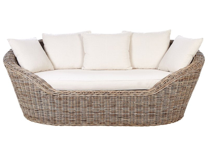 Garden Daybed Natural Rattan Wicker with 6 Light Beige Cushions Boho Traditional Outdoor Patio Beliani