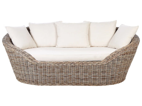 Garden Daybed Natural Rattan Wicker with 6 Light Beige Cushions Boho Traditional Outdoor Patio Beliani