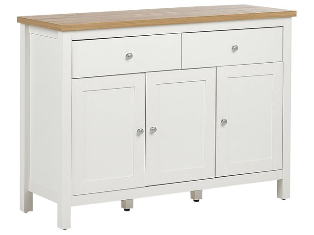 Sideboard White and Light Wood MDF Engineered Wood 2 Drawers 3 Doors Storage Living Room Beliani