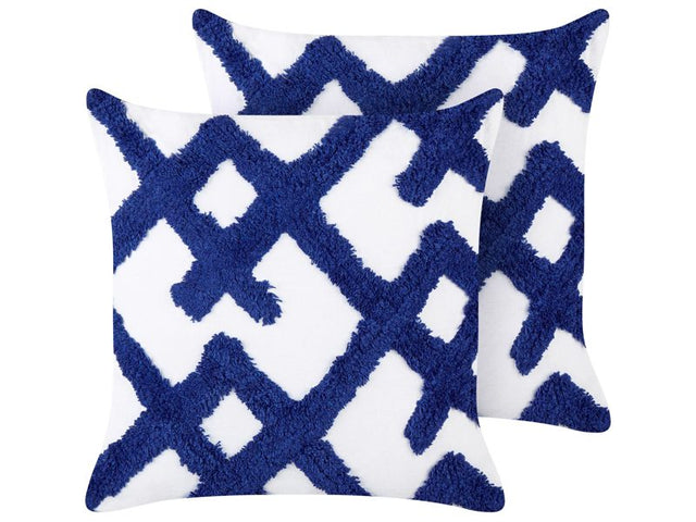 Set of 2 Decorative Cushions Blue and White Cotton Geometric Pattern 45 x 45 cm Removable Cover Modern Décor Accessories Bedroom Living Room Beliani