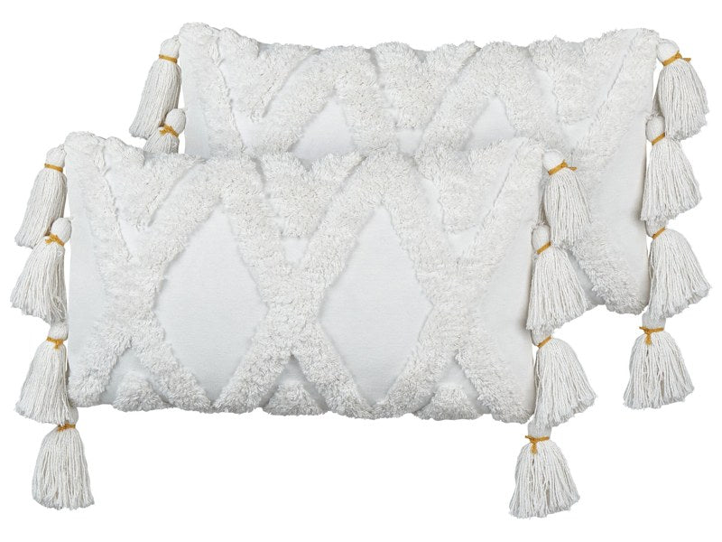 Set of 2 Decorative Cushions White Tufted Cotton 30 x 50 cm Removable Cover with Tassels Modern Décor Accessories Bedroom Living Room Beliani