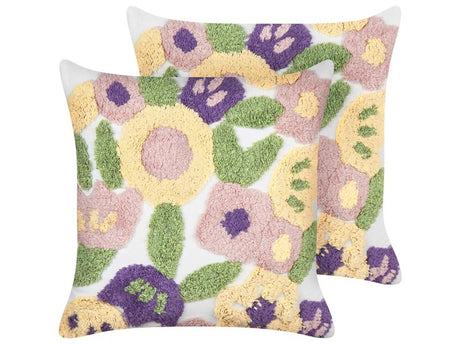 Set of 2 Decorative Cushions Multicolour Tufted Cotton Floral Pattern 45 x 45 cm Removable Cover Modern Décor Accessories Bedroom Living Room Beliani