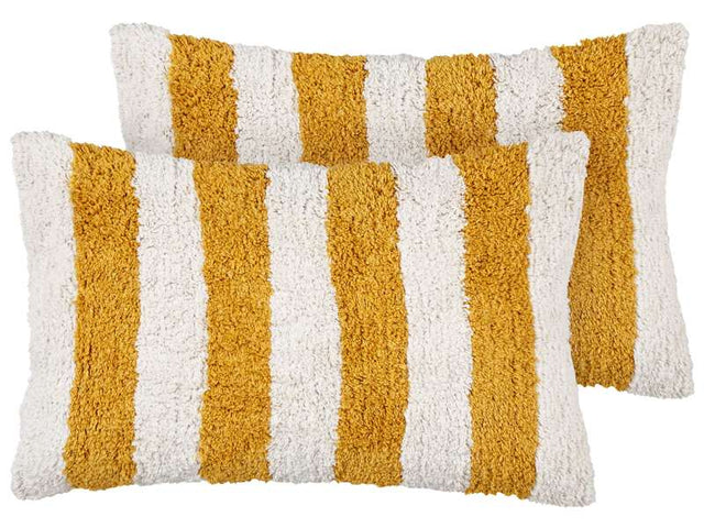 Set of 2 Decorative Cushions White and Yellow Cotton 30 x 50 cm Striped Pattern Removable Cover Modern Décor Accessories Bedroom Living Room Beliani