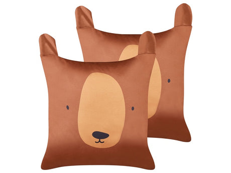 Set of 2 Decorative Cushions Brown Cotton 45 x 45 cm Bear Pattern Removable Cover Modern Décor Accessories Bedroom Living Room Beliani