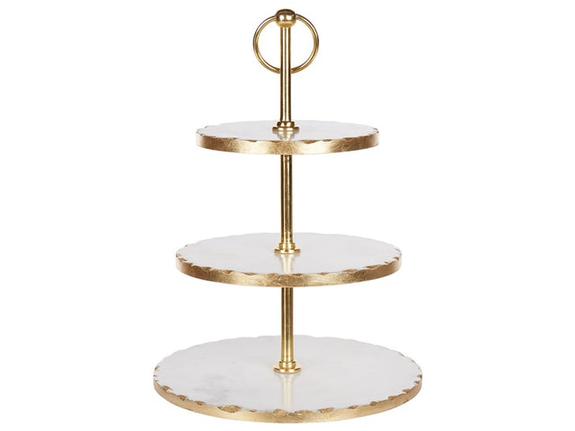 3-Tiered Cake Stand White and Gold Marble Stainless Steel 30 x 30 x 44 cm Decorative Stylish Carved Serving Tray Pastry Holder Beliani