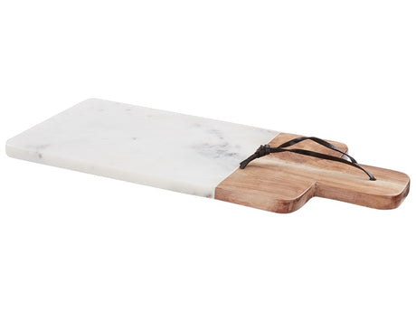 Serving Board Tray White Marble Acacia Wood Faux Leather Rope Round Handmade Serveware 39 x 17 x 1 Modern Dining Room Beliani