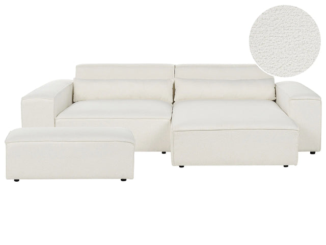 Left Hand 2-Seater Modular Corner Sofa with Ottoman White Boucle Sectional Couch Sofa with Black Legs Modern Living Room Beliani