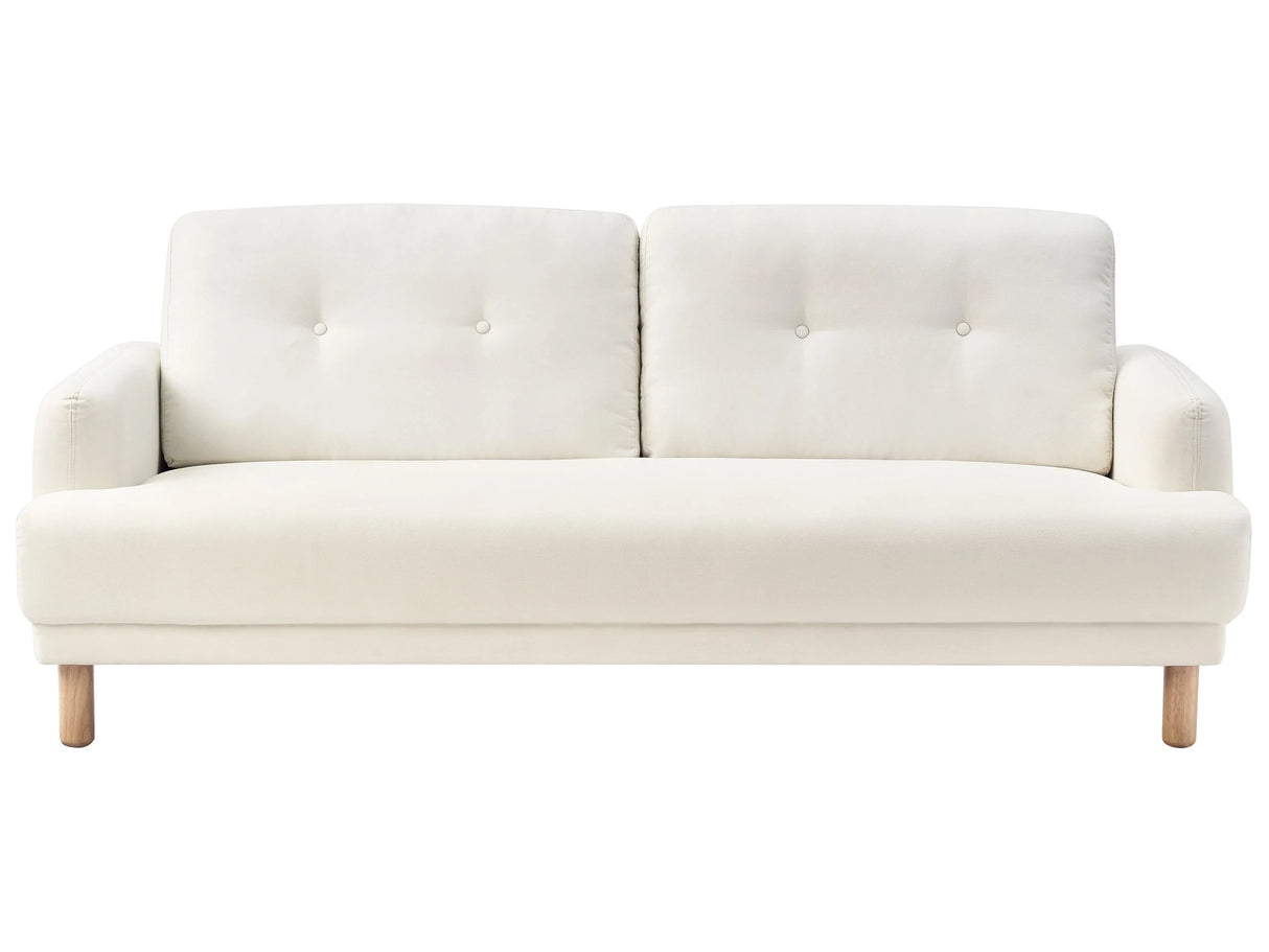 3 Seater Sofa Off-White Polyester Fabric Wooden Legs Loveseat Couch Retro Minimalistic Living Room Furniture Beliani