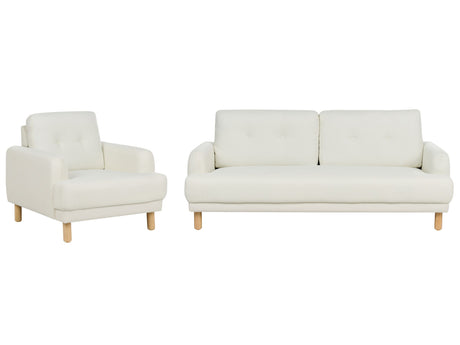 Living Room Set 3 Seater Sofa Armchair Off-White Polyester Fabric Wooden Legs Loveseat Couch Retro Minimalistic Living Room Furniture Beliani