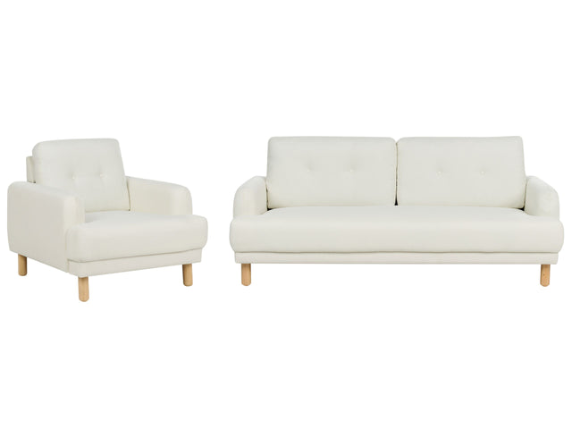 Living Room Set 3 Seater Sofa Armchair Off-White Polyester Fabric Wooden Legs Loveseat Couch Retro Minimalistic Living Room Furniture Beliani