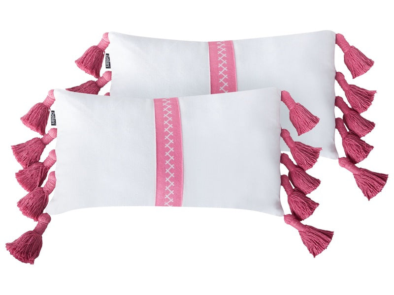 Set of 2 Decorative Cushions Pink White Cotton 30 x 50 cm with Tassels Rectangular Modern Pillow Boho Decor Accessories Beliani