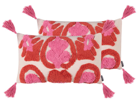 Set of 2 Decorative Cushions Pink Red White Cotton 30 x 50 cm with Tassels Rectangular Modern Pillow Boho Decor Accessories Beliani