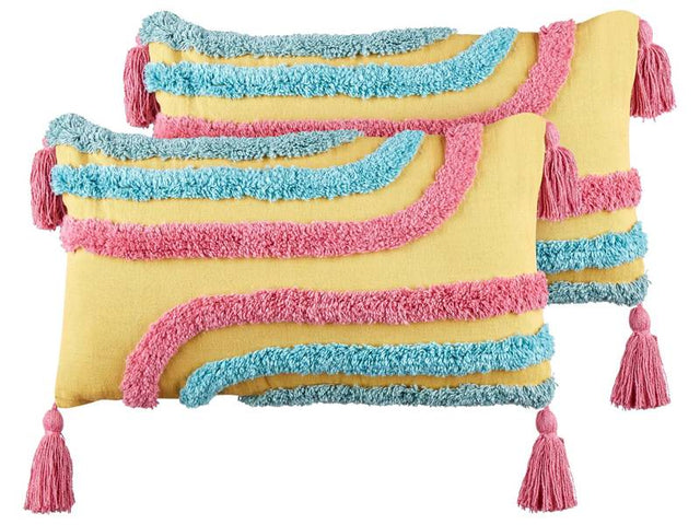 Set of 2 Decorative Cushions Multicolour Cotton 30 x 50 cm with Tassels Rectangular Modern Pillow Boho Decor Accessories Beliani