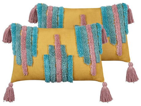 Set of 2 Decorative Cushions Multicolour Cotton 30 x 50 cm with Tassels Rectangular Modern Pillow Boho Decor Accessories Beliani