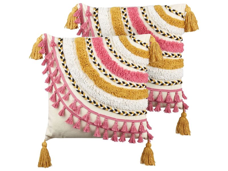 Set of 2 Decorative Cushions Multicolour Cotton 45 x 45 cm with Tassels Square Modern Pillow Boho Decor Accessories Beliani