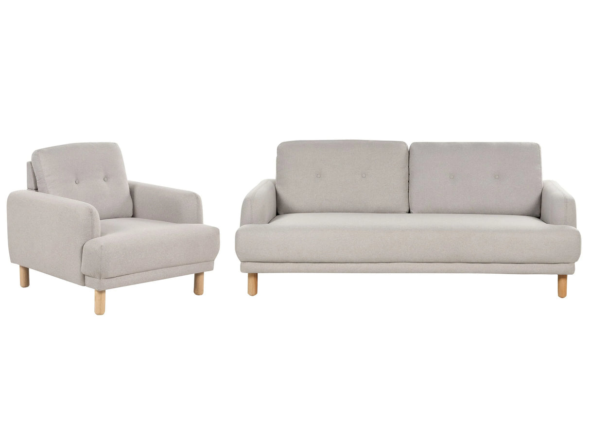 Living Room Set 3 Seater Sofa Armchair Taupe Polyester Fabric Wooden Legs Loveseat Couch Retro Minimalistic Living Room Furniture Beliani