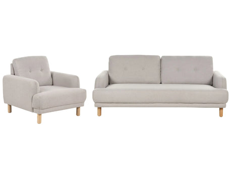 Living Room Set 3 Seater Sofa Armchair Taupe Polyester Fabric Wooden Legs Loveseat Couch Retro Minimalistic Living Room Furniture Beliani
