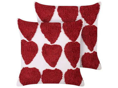 Set of 2 Decorative Cushions Red and White Cotton 45 x 45 cm Square Modern Pillow Boho Decor Accessories Beliani