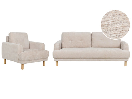 Living Room Set 3 Seater Sofa Armchair Beige Boucle Fabric Wooden Legs Loveseat Couch Retro Minimalistic Living Room Furniture Beliani