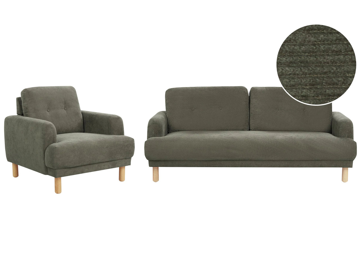 Living Room Set 3 Seater Sofa Armchair Dark Green Corduroy Fabric Wooden Legs Loveseat Couch Retro Minimalistic Living Room Furniture Beliani
