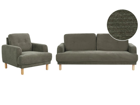 Living Room Set 3 Seater Sofa Armchair Dark Green Corduroy Fabric Wooden Legs Loveseat Couch Retro Minimalistic Living Room Furniture Beliani
