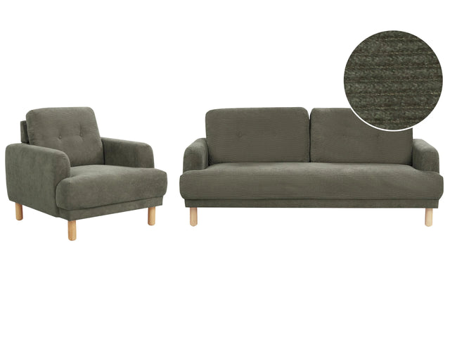 Living Room Set 3 Seater Sofa Armchair Dark Green Corduroy Fabric Wooden Legs Loveseat Couch Retro Minimalistic Living Room Furniture Beliani