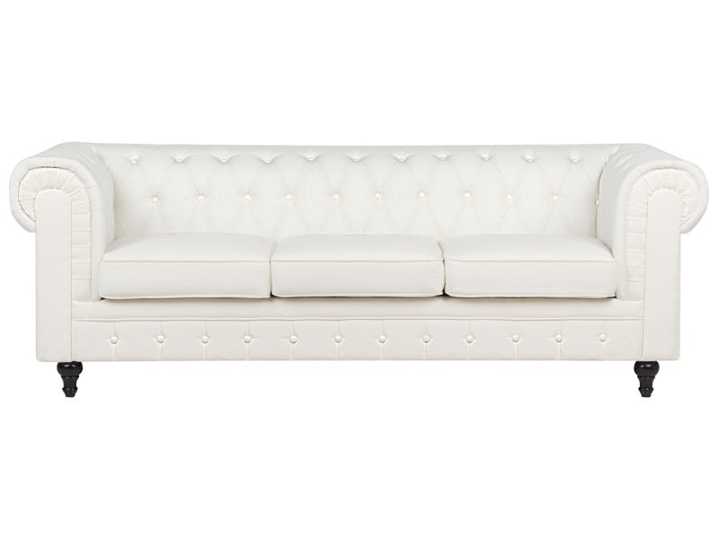 Chesterfield Sofa Off-White Polyester Fabric Upholstery Dark Wood Legs 3 Seater Vitnage Design Beliani