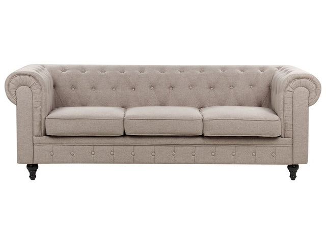 Chesterfield Sofa Taupe Polyester Fabric Upholstery Dark Wood Legs 3 Seater Vitnage Design Beliani