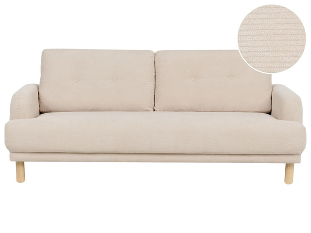 3 Seater Sofa Beige Corduroy Fabric Wooden Legs Loveseat Couch Retro Minimalistic Living Room Furniture Beliani