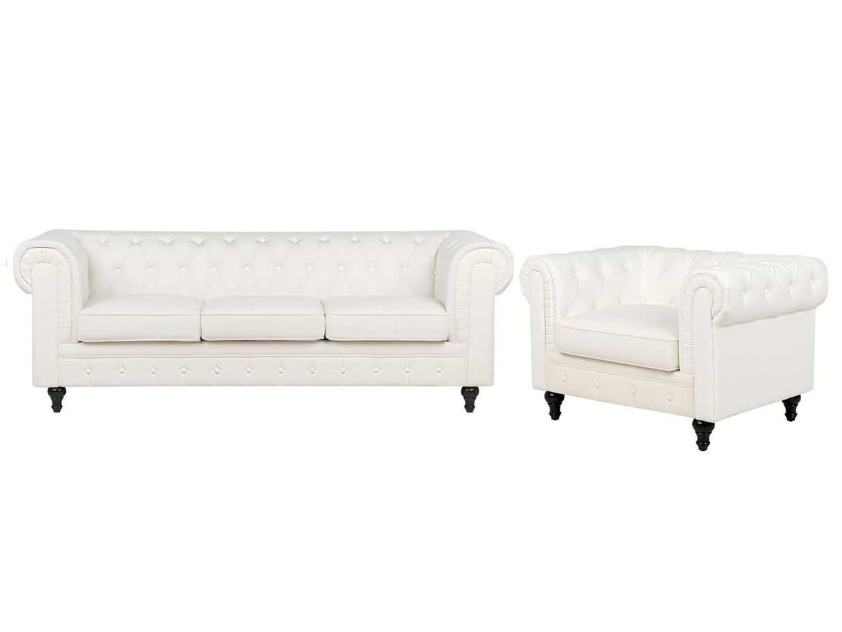 Chesterfield Living Room Set Off-White Polyester Fabric Dark Wood Legs 3 Seater Sofa + Armchair Vintage Design Beliani