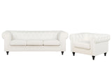 Chesterfield Living Room Set Off-White Polyester Fabric Dark Wood Legs 3 Seater Sofa + Armchair Vintage Design Beliani