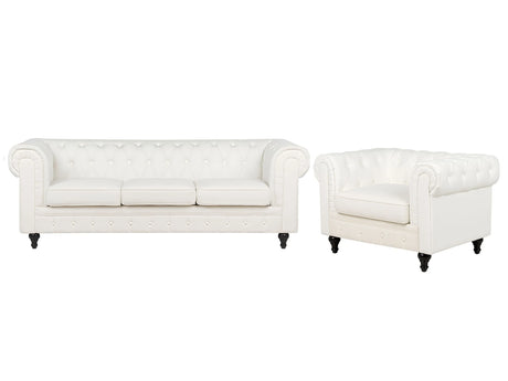 Chesterfield Living Room Set Off-White Polyester Fabric Dark Wood Legs 3 Seater Sofa + Armchair Vintage Design Beliani