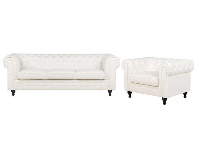 Chesterfield Living Room Set Off-White Polyester Fabric Dark Wood Legs 3 Seater Sofa + Armchair Vintage Design Beliani