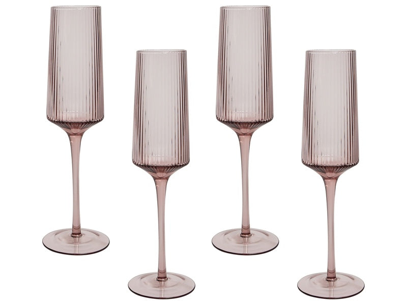 Set of 4 Champagne Flutes Pink Transparent Hand-Blown 22 cl 8 oz 4 Pcs Set Beliani