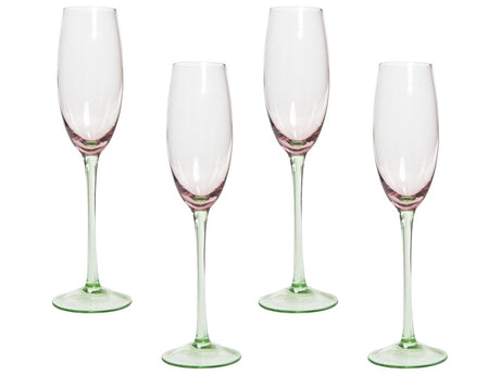 Set of 4 Champagne Flutes Pink Green Transparent Hand-Blown 20 cl 7 oz 4 Pcs Set Beliani