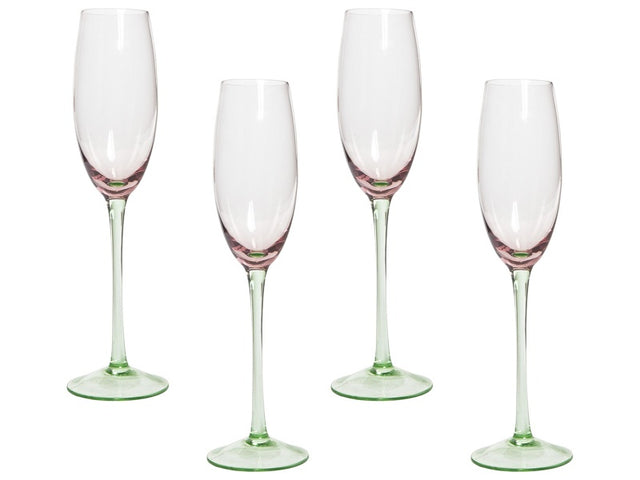 Set of 4 Champagne Flutes Pink Green Transparent Hand-Blown 20 cl 7 oz 4 Pcs Set Beliani