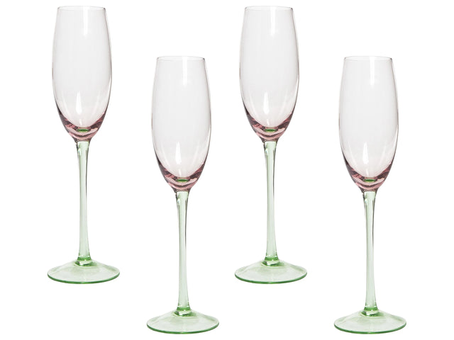 Set of 4 Champagne Flutes Pink Green Transparent Hand-Blown 20 cl 7 oz 4 Pcs Set Beliani