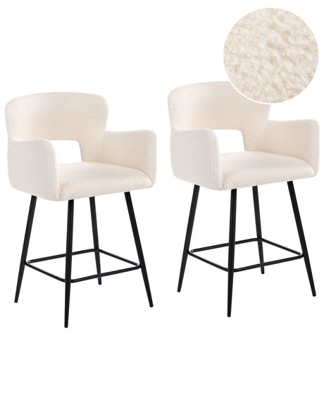 Set of 2 Chairs Bar Chair Off-White Boucle with Armrests Cut-Out Backrest Black Metal Legs Beliani