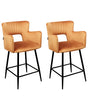 Set of 2 Chairs Bar Chair Orange Velvet with Armrests Cut-Out Backrest Black Metal Legs Beliani