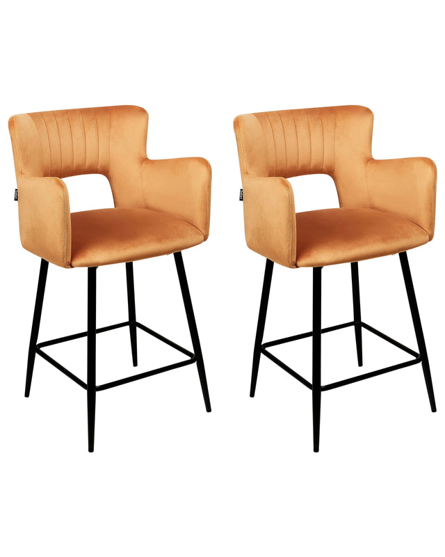Set of 2 Chairs Bar Chair Orange Velvet with Armrests Cut-Out Backrest Black Metal Legs Beliani