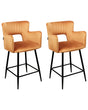 Set of 2 Chairs Bar Chair Orange Velvet with Armrests Cut-Out Backrest Black Metal Legs Beliani