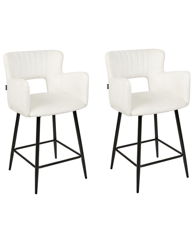 Set of 2 Chairs Bar Chair White Velvet with Armrests Cut-Out Backrest Black Metal Legs Beliani